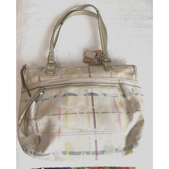 Coach Bag Poppy Glam Tote Tattersall Lurex Sequin Signature Metallic golden Sz-M - Picture 2 of 15